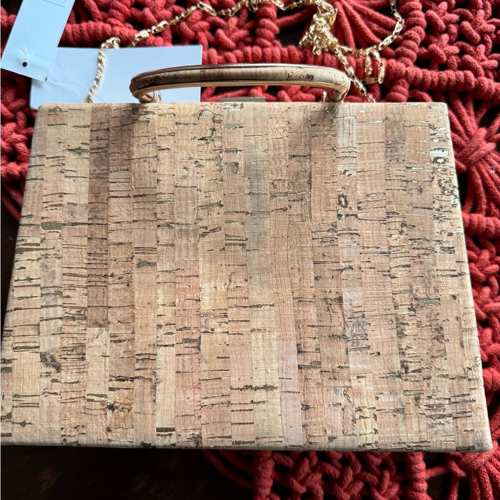 Elegant Cork Handbag with Gold Accents and long chain